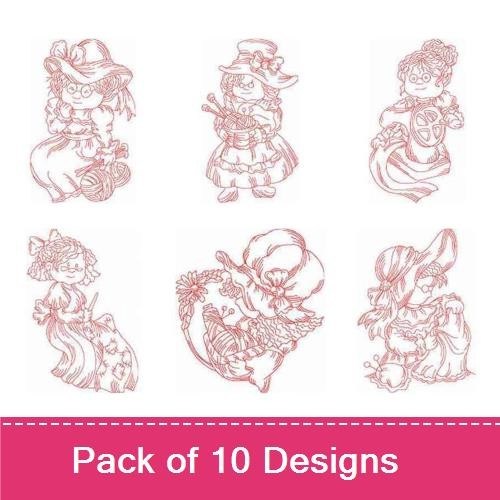 Redwork Vintage Sewing Girls Embroidery Bundle – Sewing Girl with Hat, Basket & More (10 Designs)