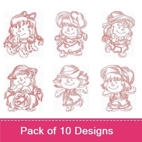 Redwork Cute Rag Dolls Embroidery Bundle – Rag Doll with Bow, Rag Doll in Dress, Rag Doll with Hat & More (10 Designs)