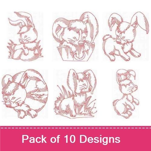 Redwork Bunny Embroidery Designs Bundle – Bunny Sitting, Bunny with Flowers, Bunny Playing & More (10 Designs)