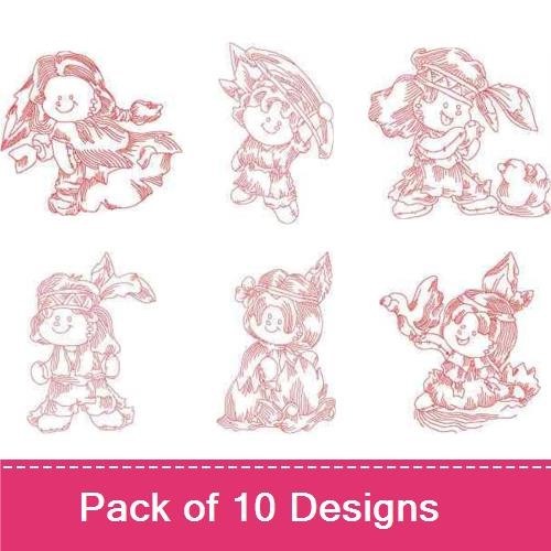Redwork Cute Native American Kids Embroidery Designs Bundle – Native American Girl, Sitting Bear Cub, Native American Boy & More (10 Designs)