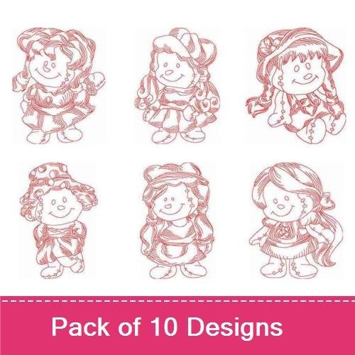 Redwork Vintage Rag Dolls Embroidery Designs Bundle – Girl Rag Doll with Pigtails, Bonnet, Hat & More (10 Designs)