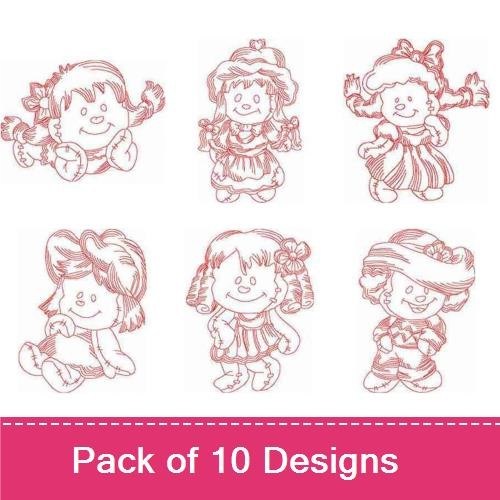 Redwork Cute Rag Dolls Embroidery Designs Bundle – Smiling Rag Doll, Rag Doll with Pigtails, & More (10 Designs)