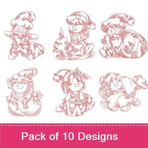 Redwork Whimsical Christmas Elf Embroidery Designs Bundle – Elf with Bag, Elf Playing with Snowman & More (10 Designs)