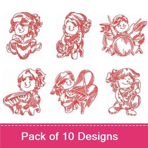 Redwork Kids Playing Musical Instruments Embroidery Designs Bundle – Girl with Drum, Boy with Guitar, Girl Singing & More (10 Designs)
