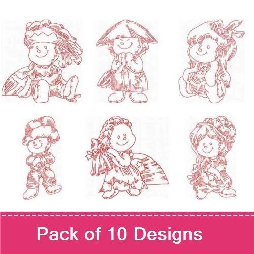 Redwork Rag Doll Characters Embroidery Designs Bundle – Native American, Explorer, Pirate & More (10 Designs)