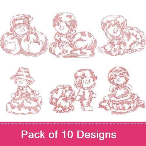 Redwork Thanksgiving Kids Embroidery Designs Bundle – Pilgrim Boy, Native American Girl, Turkey & More (10 Designs)