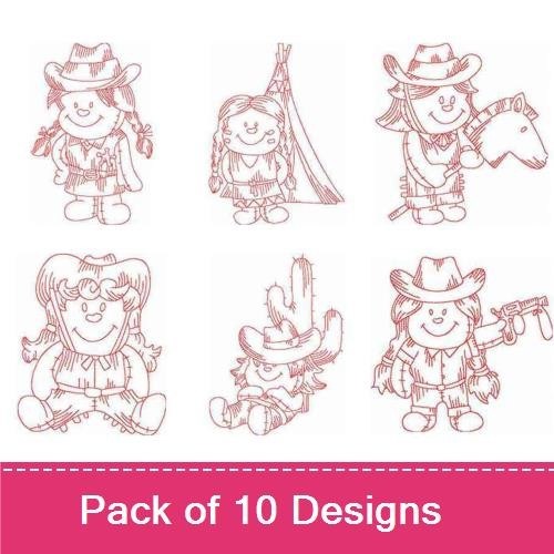 Redwork Cute Western & Native Kids Embroidery Designs Bundle – Cowgirl with Pigtails, Native Girl with Feather & More (10 Designs)