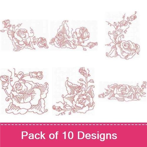 Redwork Rose Embroidery Designs Bundle – Rose Bouquet, Elegant Rose Cluster, Rose and Vine & More (10 Designs)