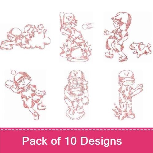 Redwork Vintage Baseball Kids Embroidery Designs Bundle – Baseball Boy with Bat, Baseball Kid in Action & More (10 Designs)