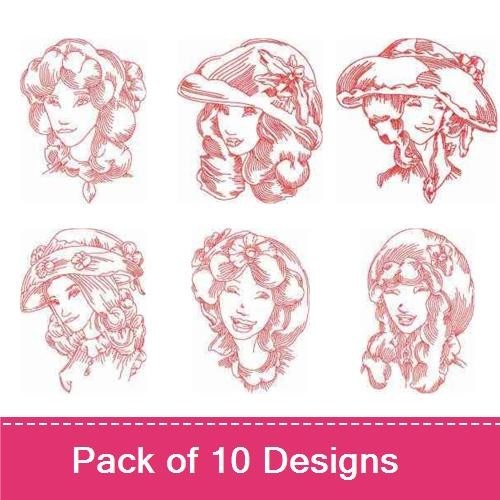 Redwork Vintage Ladies Portraits Embroidery Designs Bundle – Lady with Flowers, Lady in Hat, Elegant Vintage Lady & More (10 Designs)