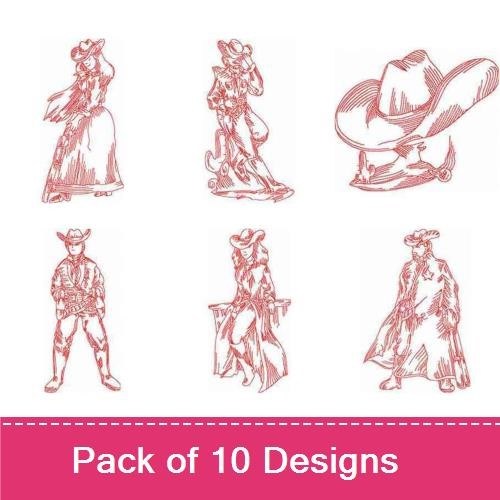 Redwork Western Cowboy and Cowgirl Embroidery Designs Bundle – Cowgirl with Hat, Cowboy with Lasso, & More (10 Designs)