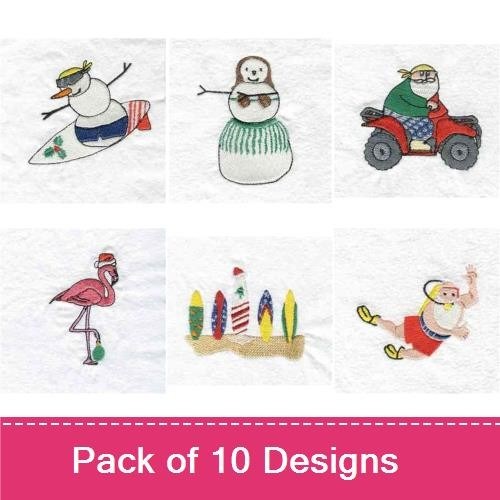 Tropical Snowman Embroidery Designs Bundle – Snowman in Bikini, Surfing Snowman, & More (10 Designs)