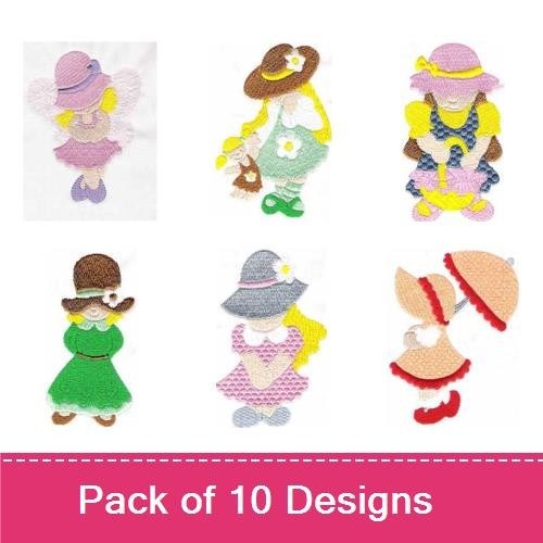 Applique Vintage Sunbonnet Girls Embroidery Designs Bundle – Pink Dress, Yellow Dress, Blue Dress & More (10 Designs)