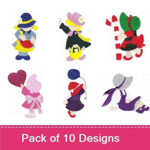 Sunbonnet Girls Embroidery Designs Bundle – Red Hat, Yellow Hat, Flowers & More (10 Designs)