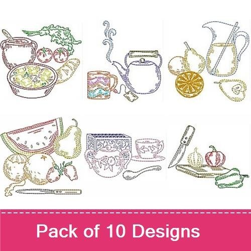 Redwork Kitchen Essentials Embroidery Bundle – Bowl of Lemons, Salad Bowl, Teapot with Steam & More (10 Designs)