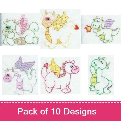 Cute Dragon Embroidery Bundle – Happy Dragon with Butterfly, Dragon Eating Ice Cream, Pink Winged Dragon & More (10 Designs)