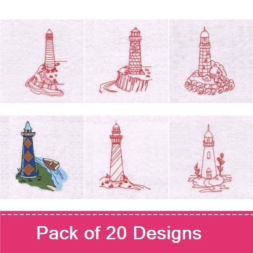 Lighthouse Embroidery Designs Bundle – Lighthouse with Red Top, Yellow Top, Green Base & More (20 Designs)