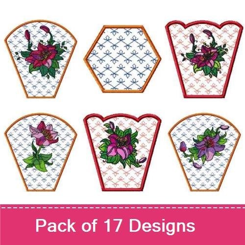 Floral Patchwork Embroidery Designs Bundle – Floral Quilt Square with Purple Flowers, Hexagon Floral Quilt Design & More (17 Designs)
