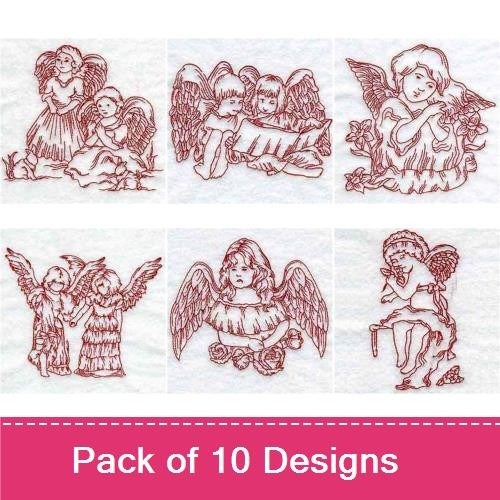 Redwork Vintage Angel Embroidery Designs Bundle – Angel Praying, Angel with Wings, Angel Embracing Child & More (10 Designs)