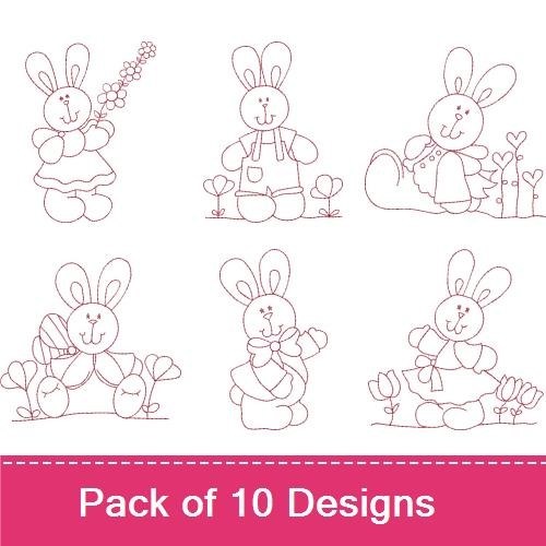 Redwork Bunny Embroidery Designs Bundle – Bunny with Flowers, Bunny in Dress, Bunny with Basket & More (10 Designs)