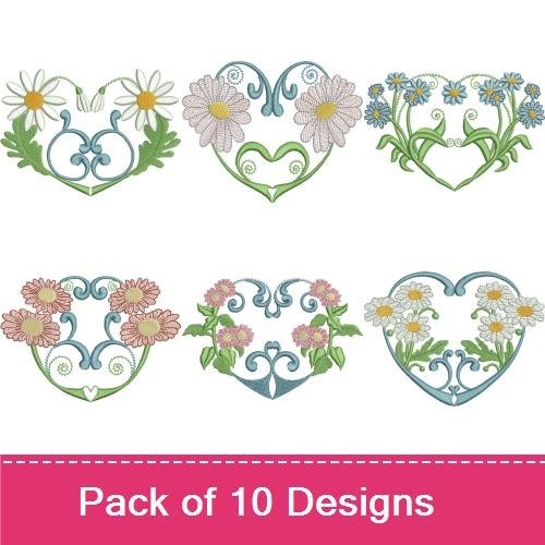 Floral Hearts Embroidery Bundle – Floral Heart with Daisies, Heart with Blue Flowers, & More (10 Designs)