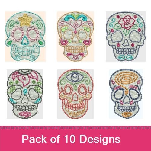 Redwork Colorful Sugar Skulls Embroidery Designs Bundle – Floral Skull, Geometric Patterns, Heart & More (10 Designs)