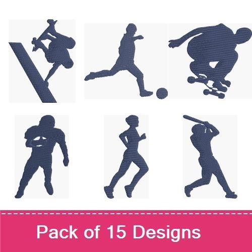 Active Sports Silhouettes Embroidery Designs Bundle – Skateboarder, Runner, Soccer Player & More (15 Designs)