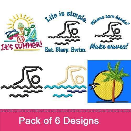 Summer Swimming Fun Embroidery Designs Bundle – Swimming Pool with Ice Cream, Sun with Beach Ball, & More (6 Designs)
