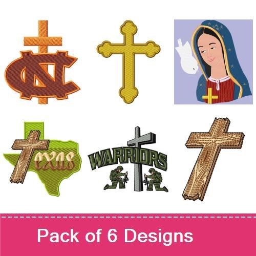 Faith and Crosses Embroidery Designs Bundle – Cross with Dots, Virgin Mary, Texas Outline with Cross & More (6 Designs)