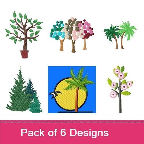 Trees Embroidery Designs Bundle – Flowering Tree, Potted Tree, Colorful Tree & More (6 Designs)
