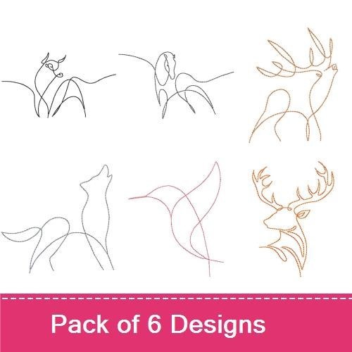 Redwork Minimalist Line Art Embroidery Designs Bundle – Hummingbird, Deer, Fox, Wolf & More (6 Designs)