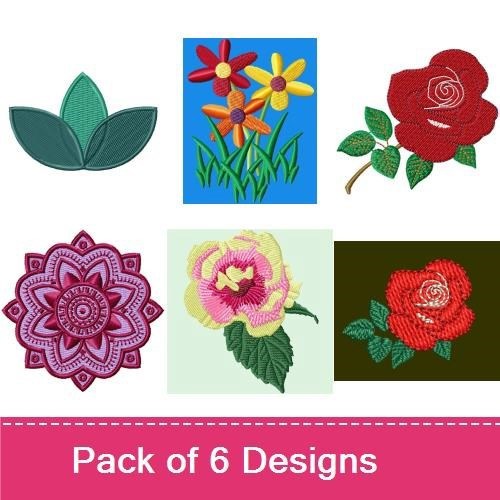 Floral Embroidery Designs Bundle – Peony Flower, Rose, Lotus Leaf & More (6 Designs)