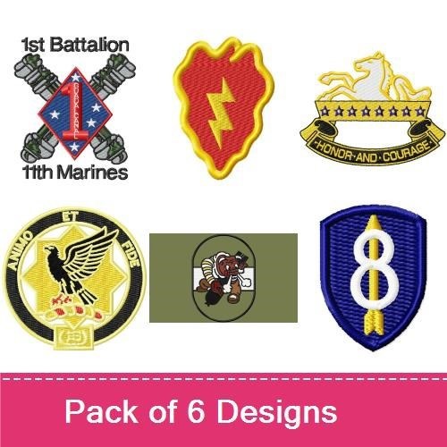 Military Insignia Patches Embroidery Designs Bundle – 1st Battalion, 11th Marines, Lightning Bolt & More (6 Designs)