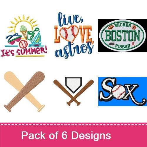 Baseball & Summer Embroidery Designs Bundle – Baseball with Bat, Ice Cream, Sailboat & More (6 Designs)