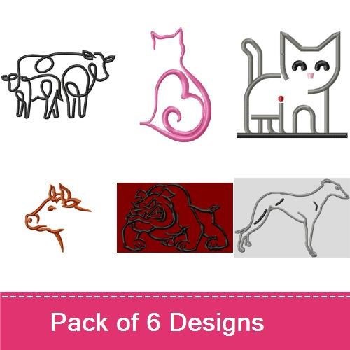 Redwork Animal Outline Embroidery Bundle – Cow, Cat, Dog, Horse & More (6 Designs)