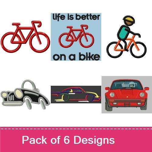 Bikes and Cars Embroidery Designs Bundle – Red Car, Bicycle with Rider, Life is Better on a Bike & More (6 Designs)