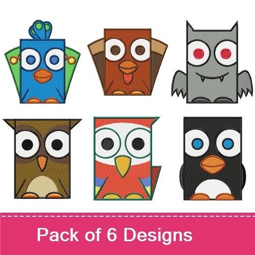 Cute Cartoon Birds Embroidery Designs Bundle – Blue Bird, Brown Bird, Gray Owl & More (6 Designs)