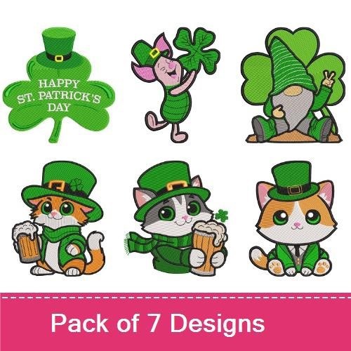 St. Patrick's Day Embroidery Designs Bundle – Leprechaun with Pipe, Cat with Beer, Happy St. Patrick's Day & More (7 Designs)