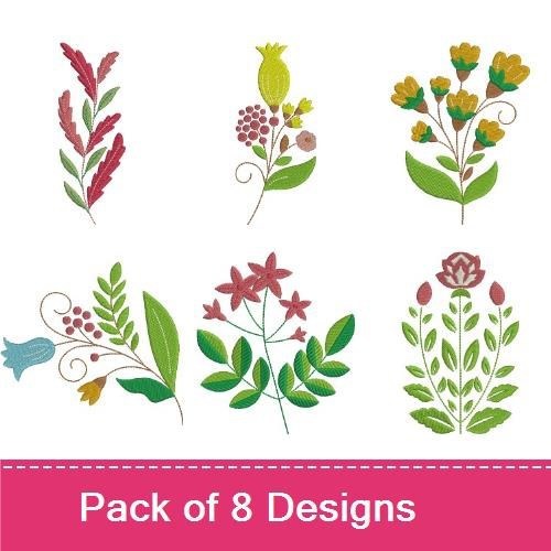 Applique Charming Floral Embroidery Designs Bundle – Red Floral Spray, Purple Flower, Orange Flower & More (8 Designs)