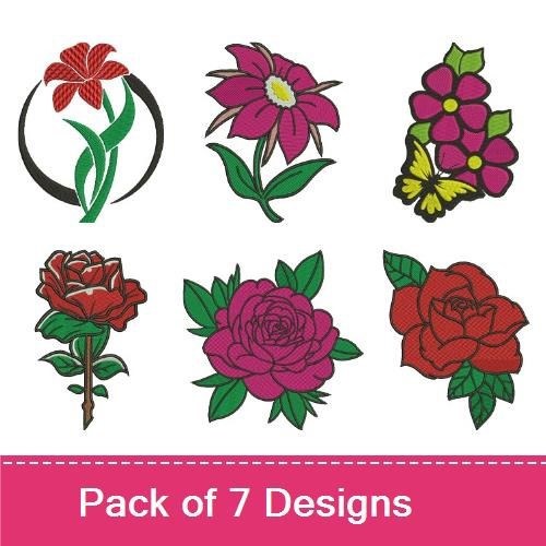 Floral Embroidery Designs Bundle – Red Rose, Pink Flower, Violet Bouquet & More (7 Designs)
