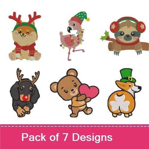 Christmas Animal Embroidery Bundle – Festive Dogs & Cute Creatures (7 Designs)