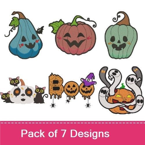 Halloween Pumpkin Embroidery Designs Bundle – Smiling Blue Pumpkin, Jack-o'-Lantern Pumpkin, Owl with Pumpkin & More (7 Designs)