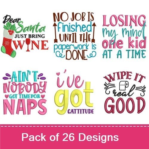 Funny Holiday Quotes Embroidery Designs Bundle – Bah Hum Bug!, Dear Santa, I Just Want Wine & More (26 Designs)
