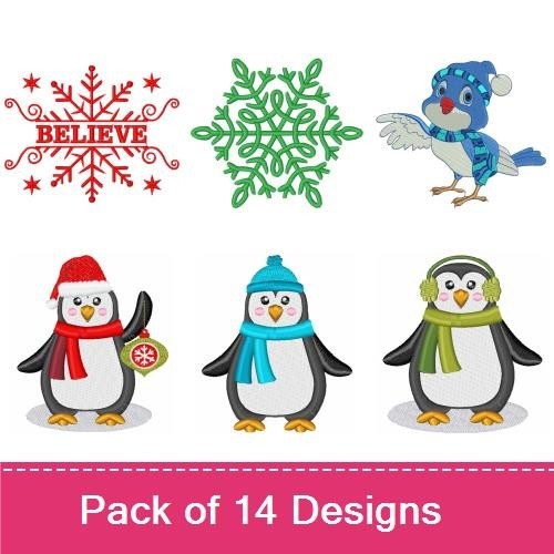 Winter Penguin Embroidery Designs Bundle – Penguin with Ornament, Penguin with Candy Cane, Penguin with Scarf & More (14 Designs)