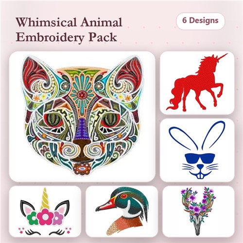 Animal Friends Embroidery Bundle – Colorful Cat, Unicorn, Sunglasses Bunny & More (6 Designs)