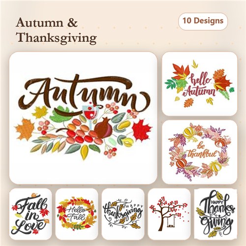 Autumn & Thanksgiving Embroidery Designs Bundle – Autumn Calligraphy, Thankful, Hello Autumn & More (10 Designs)