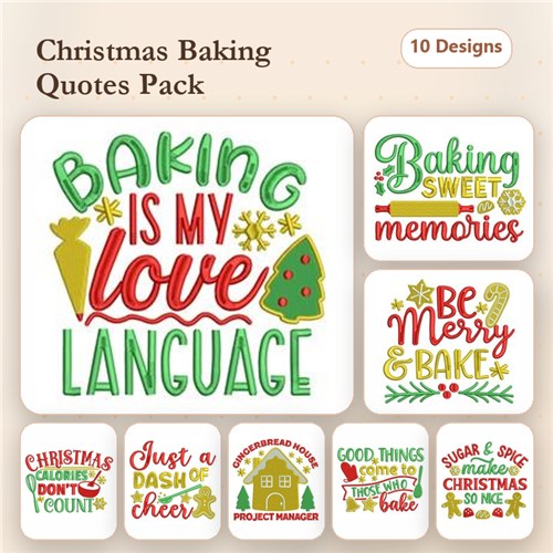 Christmas Baking Quotes Embroidery Designs Bundle – Baking Is My Love Language, Christmas Calories Don't Count, & More (10 Designs)