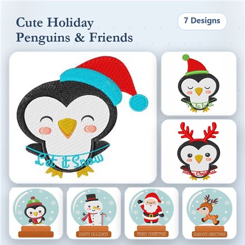 Holiday-themed Penguin Embroidery Designs Bundle – Happy Penguin with Scarf, Sleepy Penguin, Santa Claus & More (7 Designs)