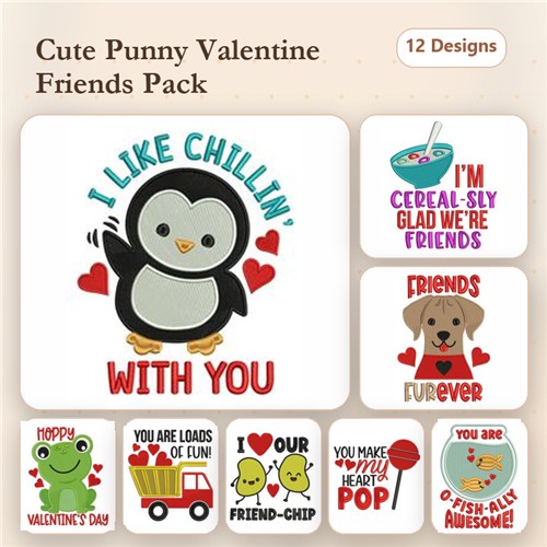 Valentine's Day Friendship Embroidery Designs Bundle – Penguin with Hearts, Dog with Hearts, Cute Friendship Message & More (12 Designs)