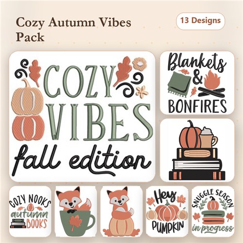 Autumn Themed Embroidery Designs Bundle – Cozy Vibes, Fox with Books, Pumpkin Stack & More (13 Designs)